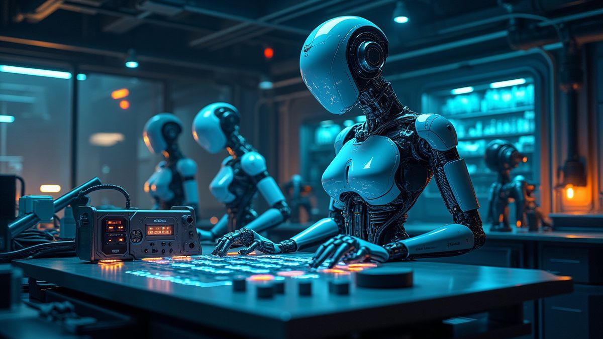 Laboratório futurista com botões brilhantes e peças robóticas.