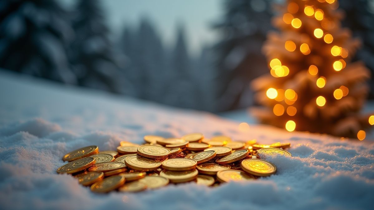 Goldene Münzen auf einem verschneiten Hügel mit einem leuchtenden Weihnachtsbaum