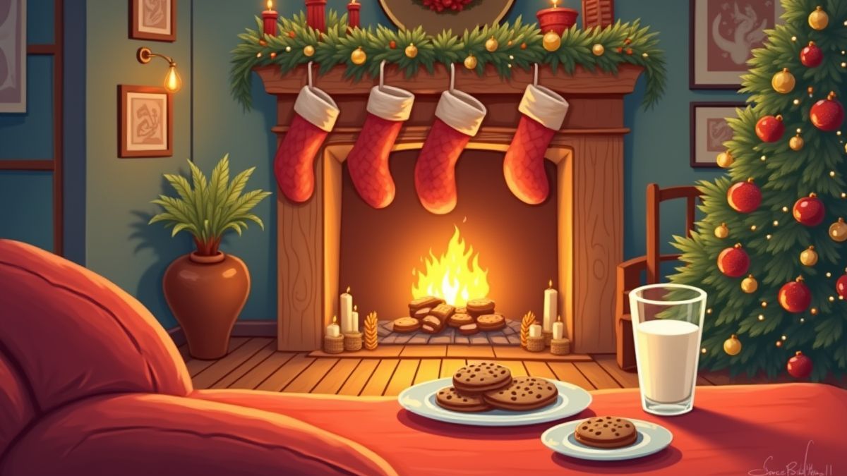 Gemütliches Wohnzimmer mit Kamin und Keksen
