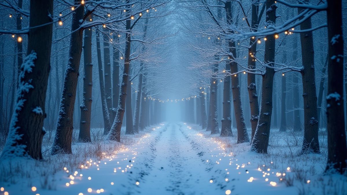 Bosque nevado con luces mágicas.