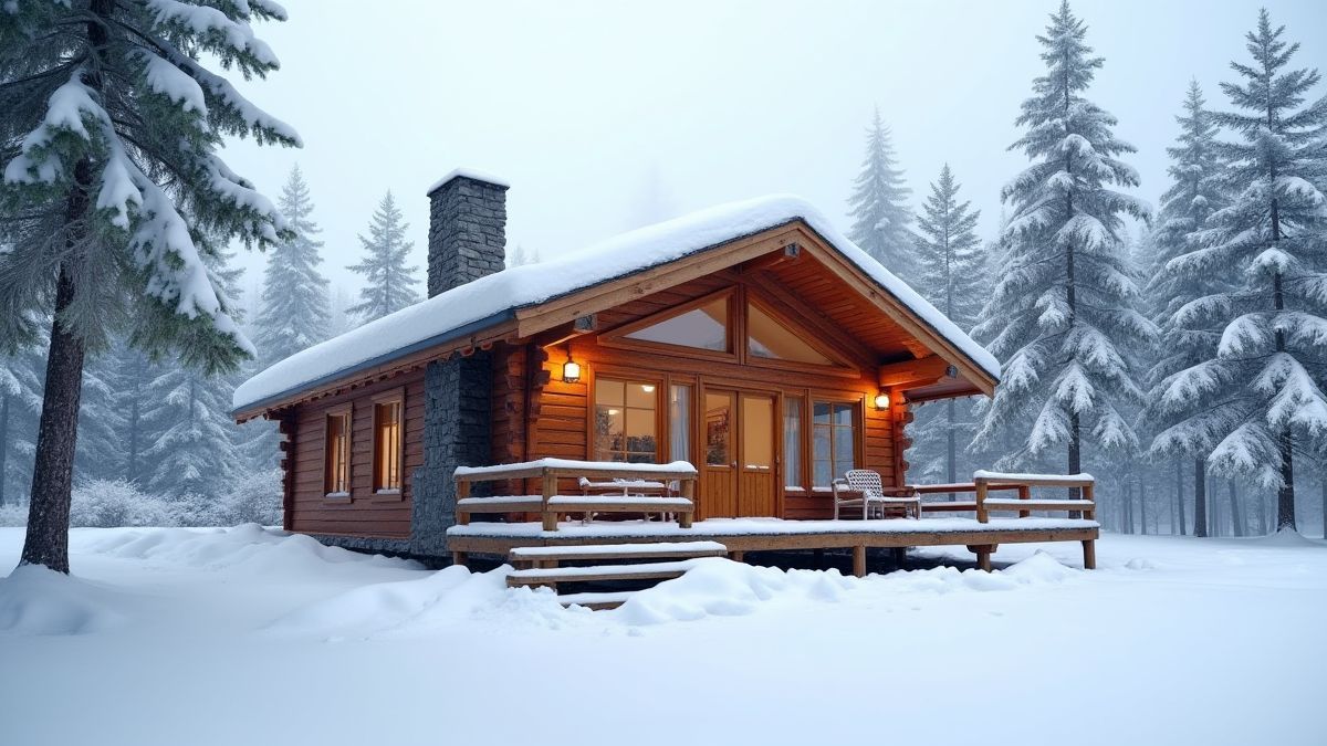 Cabaña acogedora rodeada de nieve.