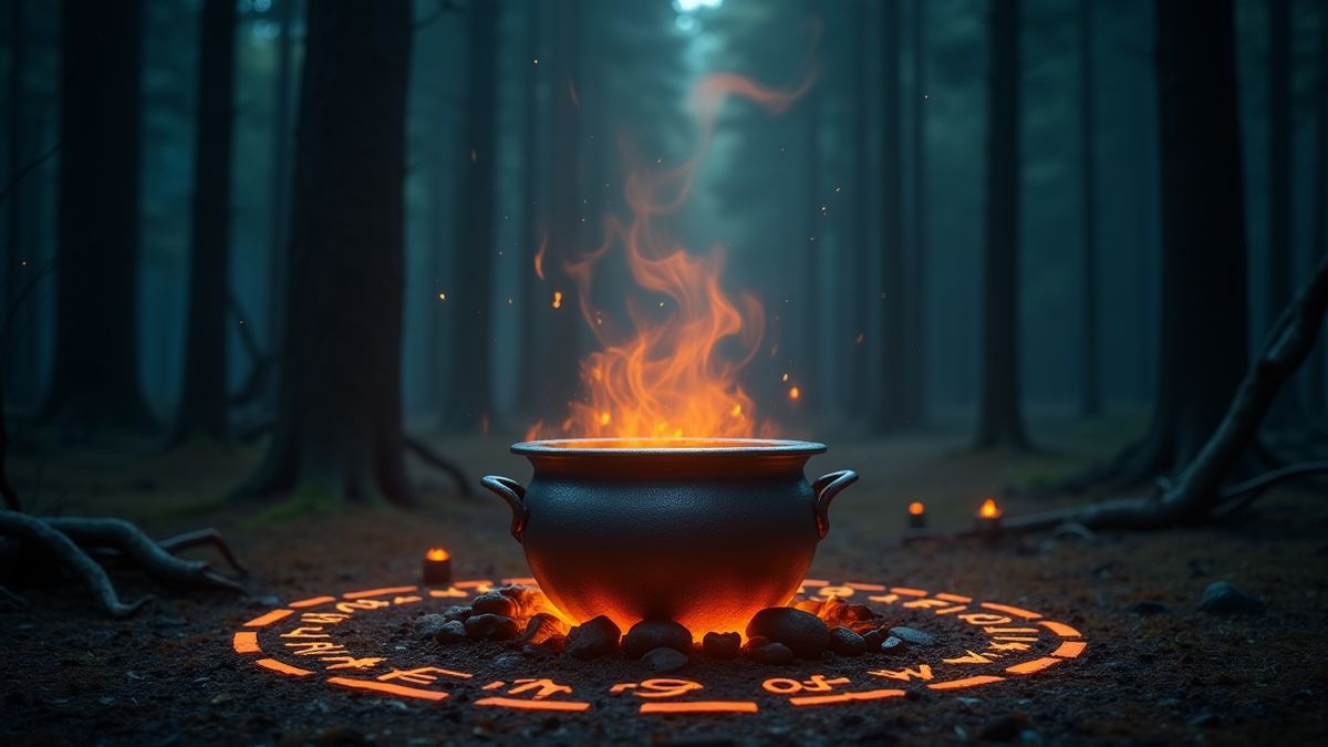 Un caldron brillant entouré de runes magiques dans une forêt sombre.