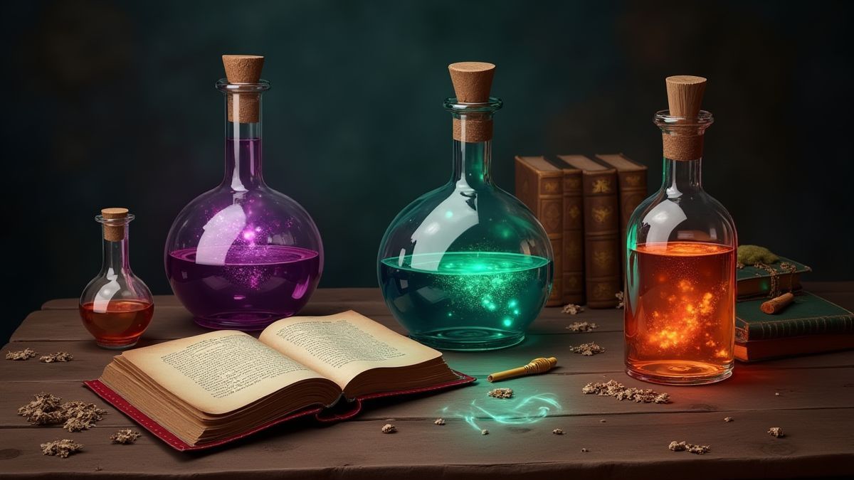 Livres magiques et potions brillantes sur une table en bois.