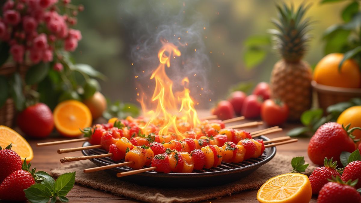 Frutas y una parrilla mágica de kebabs en una escena vibrante.