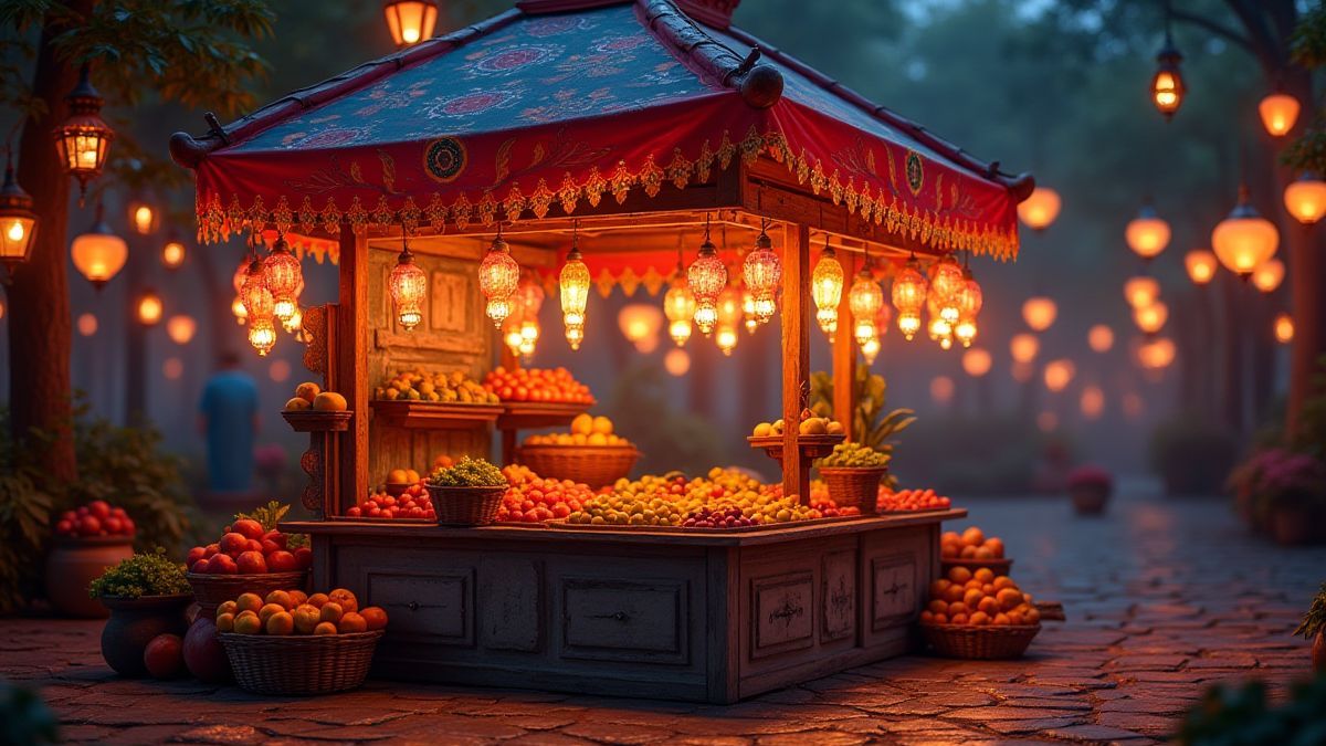 Un puesto de kebabs colorido rodeado de lámparas brillantes y frutas en un entorno mágico.