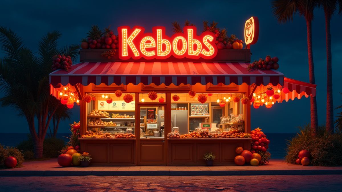 Una tienda mágica de kebabs iluminada por la noche con decoraciones de frutas divertidas.