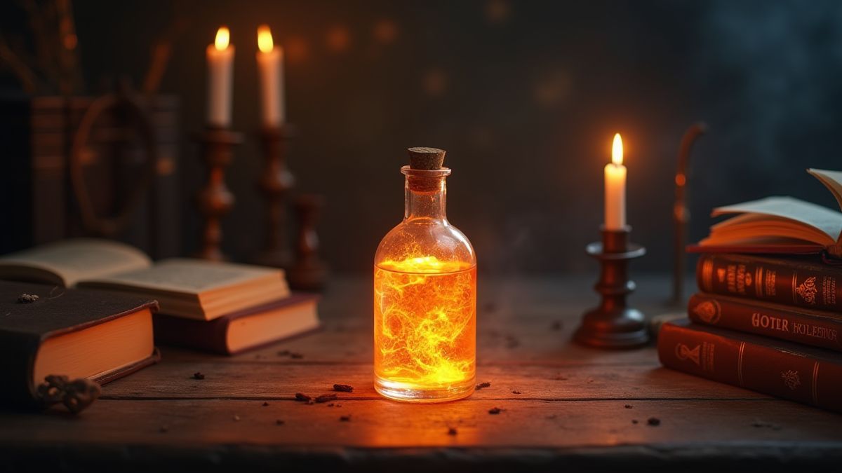 Una botella de poción brillante en una mesa de madera rodeada de libros y velas mágicas.
