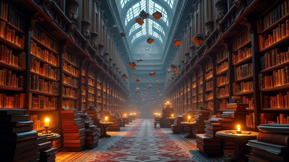 Una biblioteca mágica con libros flotantes y luces brillantes.