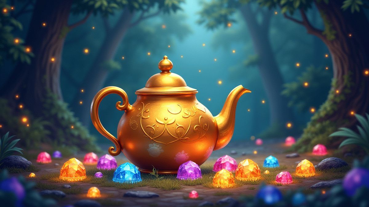 Tetera dorada rodeada de gemas brillantes en un bosque mágico.