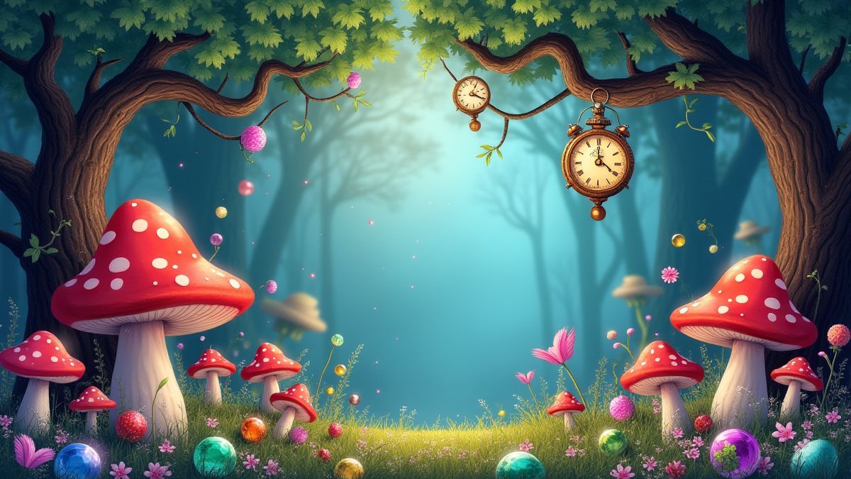 Escenario mágico con setas coloridas y relojes colgantes de los árboles.