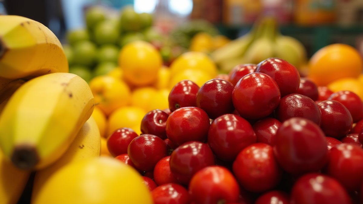 Frutas tropicales como plátanos, cerezas y limones en un mercado.