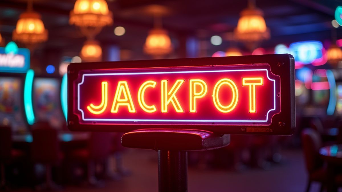 Un letrero de jackpot brillante en un casino retro con luces de neón.