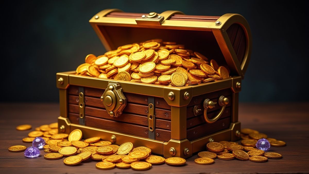 Un cofre del tesoro lleno de monedas de oro y gemas brillantes.