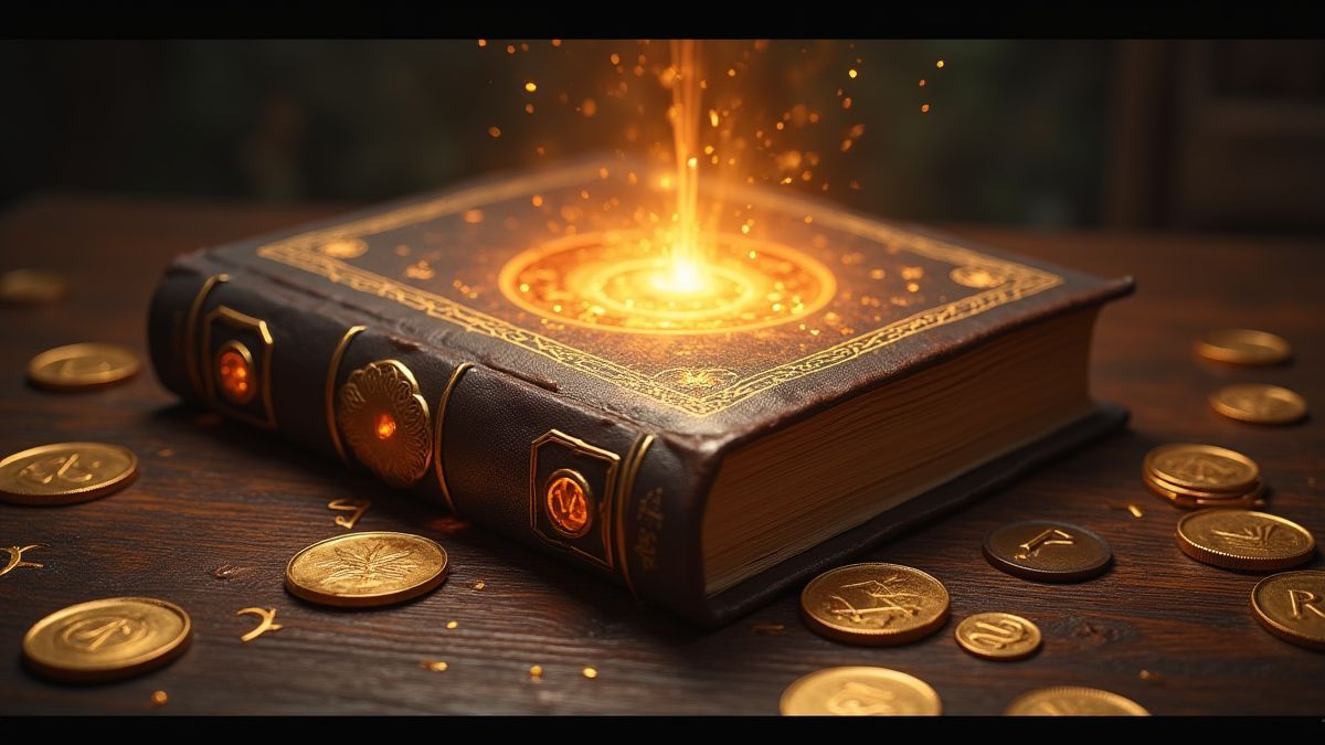 Um livro mágico brilhante rodeado de moedas douradas e runas místicas.