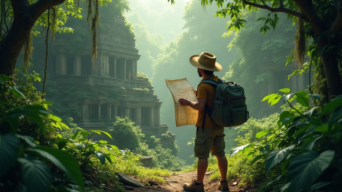 Entdecker im Dschungel mit einer Karte in den Händen.