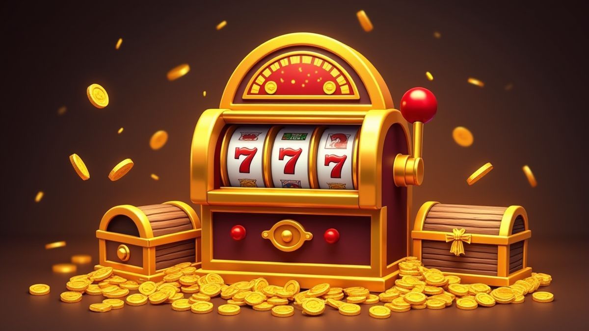 Spielautomat umgeben von Münzen und Schatzkisten.