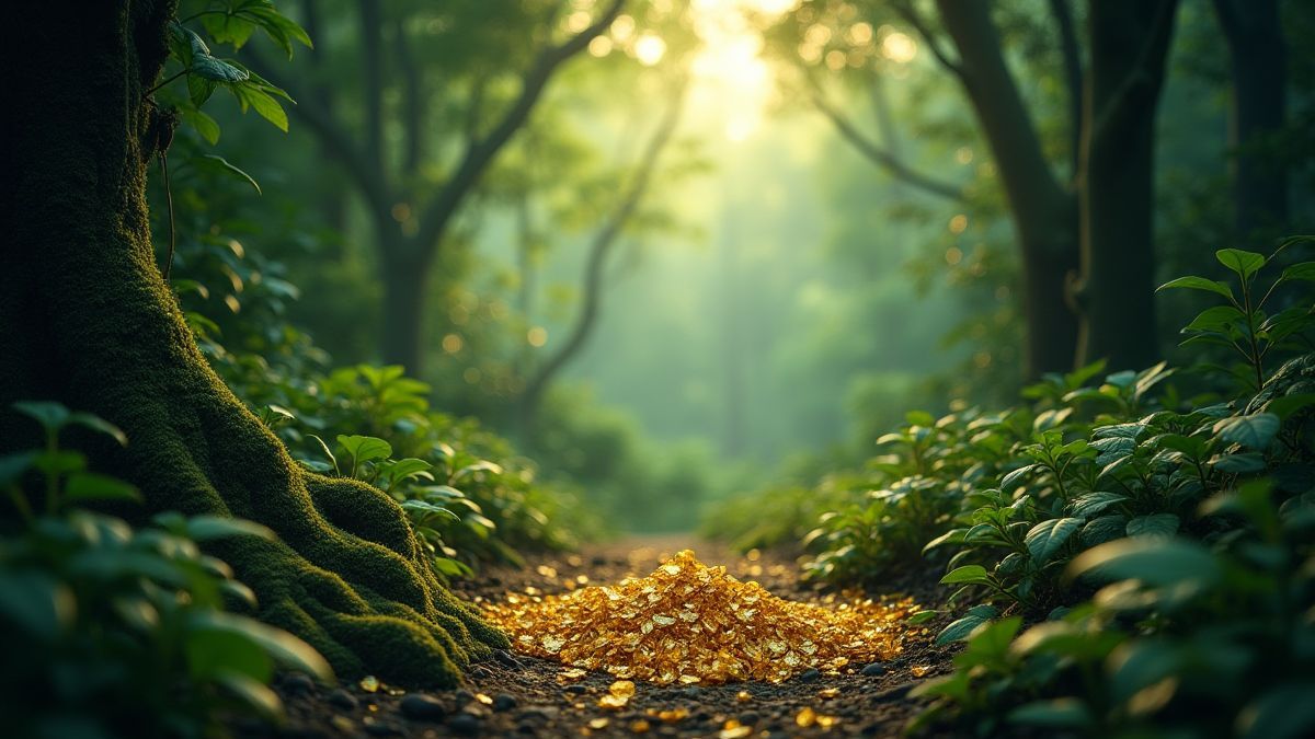Dschungellandschaft mit versteckten goldenen Schätzen.