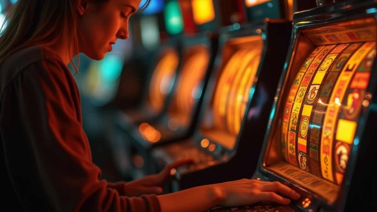 Player spinning a vintage slot machine with glowing coin effects.