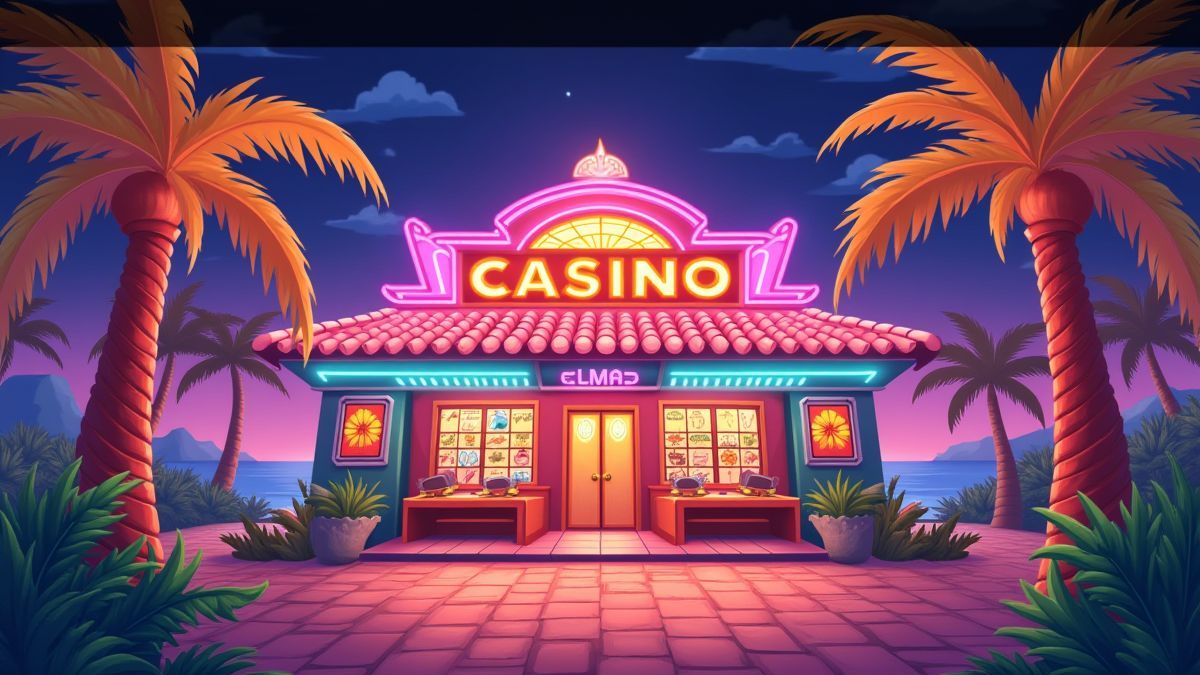 Casino con temática tropical y colores vibrantes.