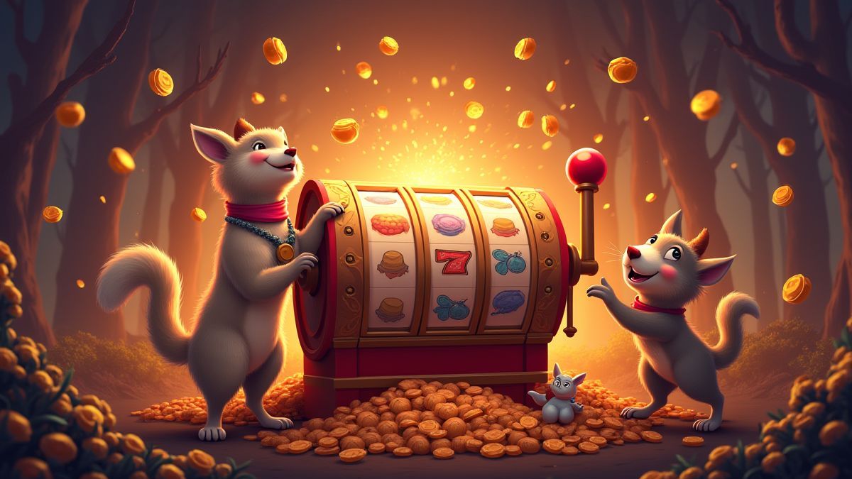 Máquina de slot girando con animales celebrando alrededor.