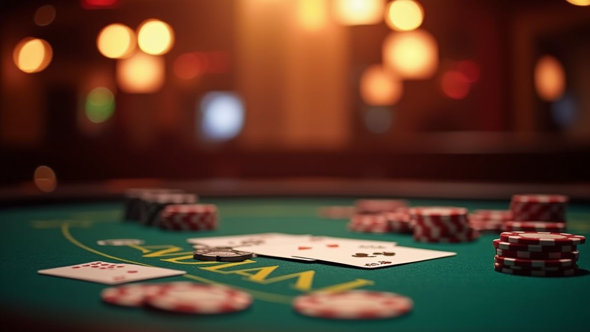 Mesa de póker con cartas y fichas bajo luces cálidas de casino.