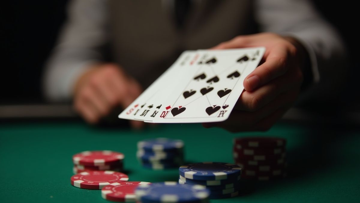 Mano sosteniendo cartas de póker con fichas en la mesa.