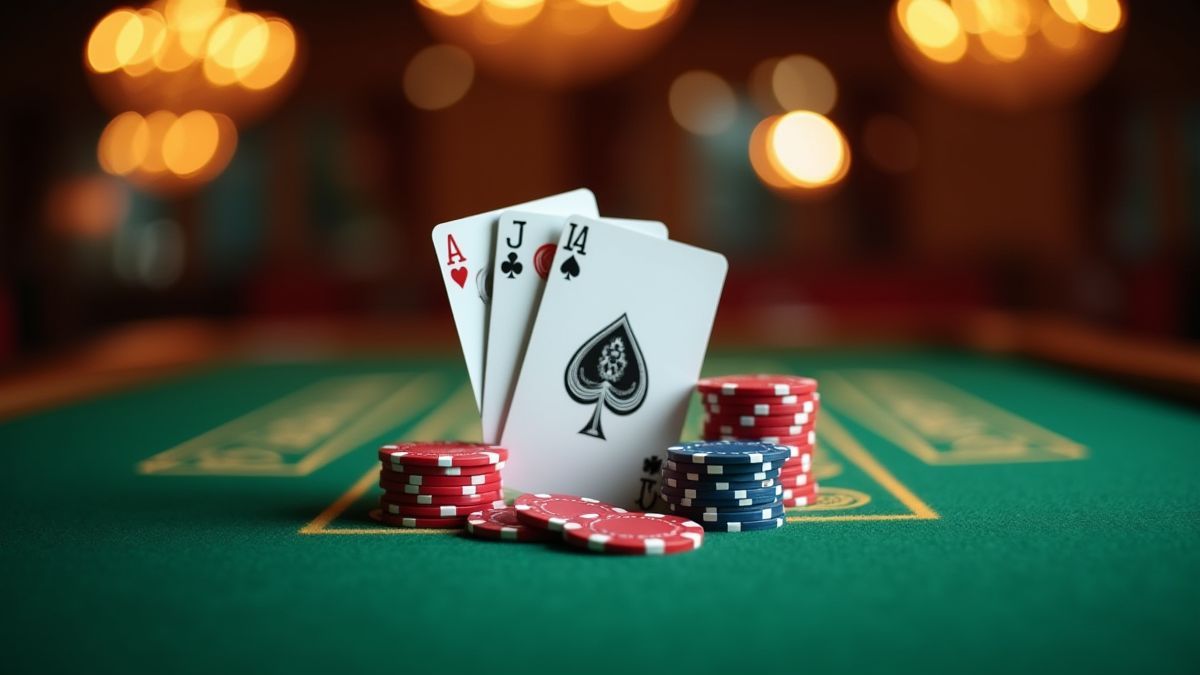 Poker-Tisch mit Karten und Chips in einem eleganten Casino.