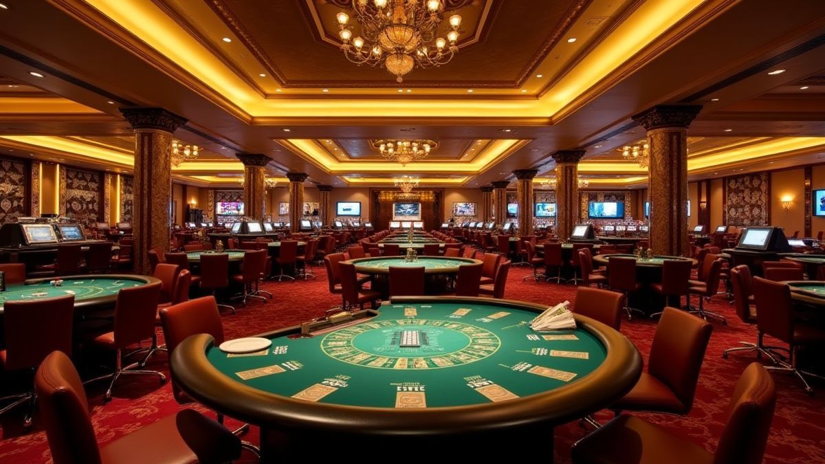 Luxuriöses Casino-Interieur mit Pokertischen und goldenen Lichtern.