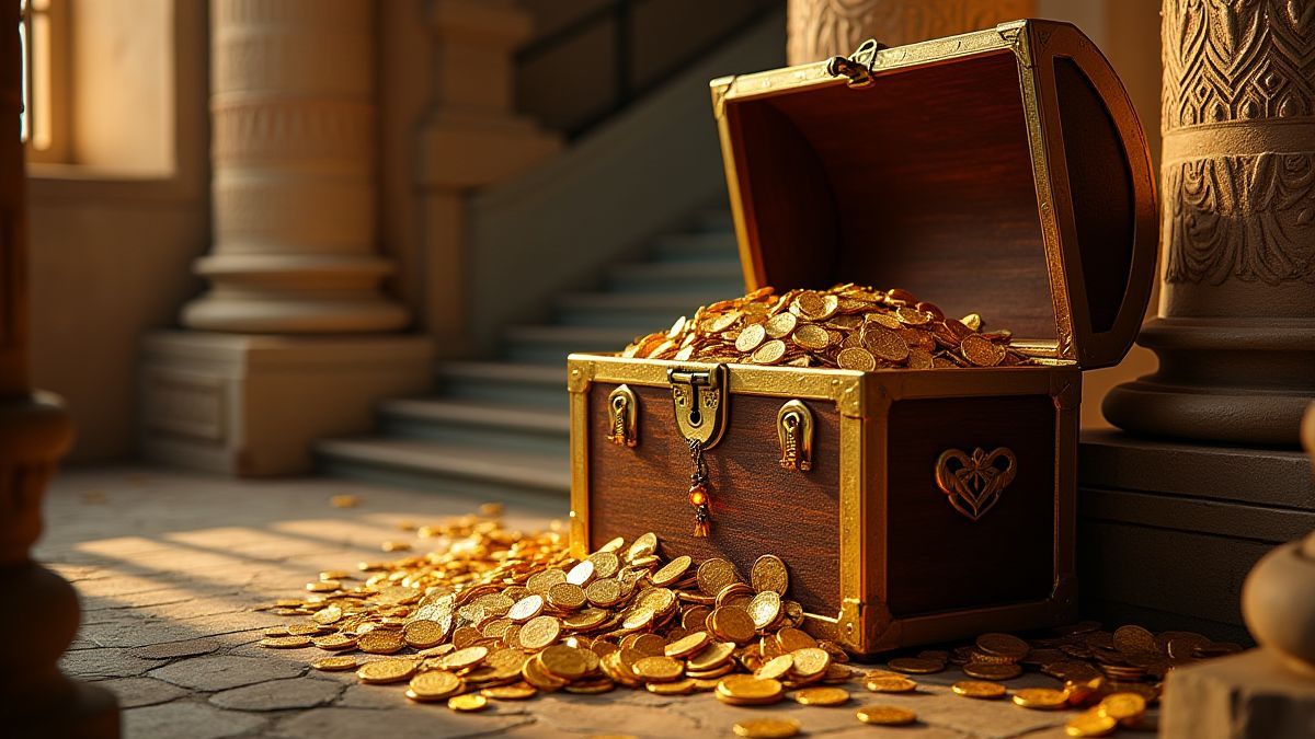 Um cofre do tesouro cheio de moedas de ouro e joias em um palácio grego antigo.