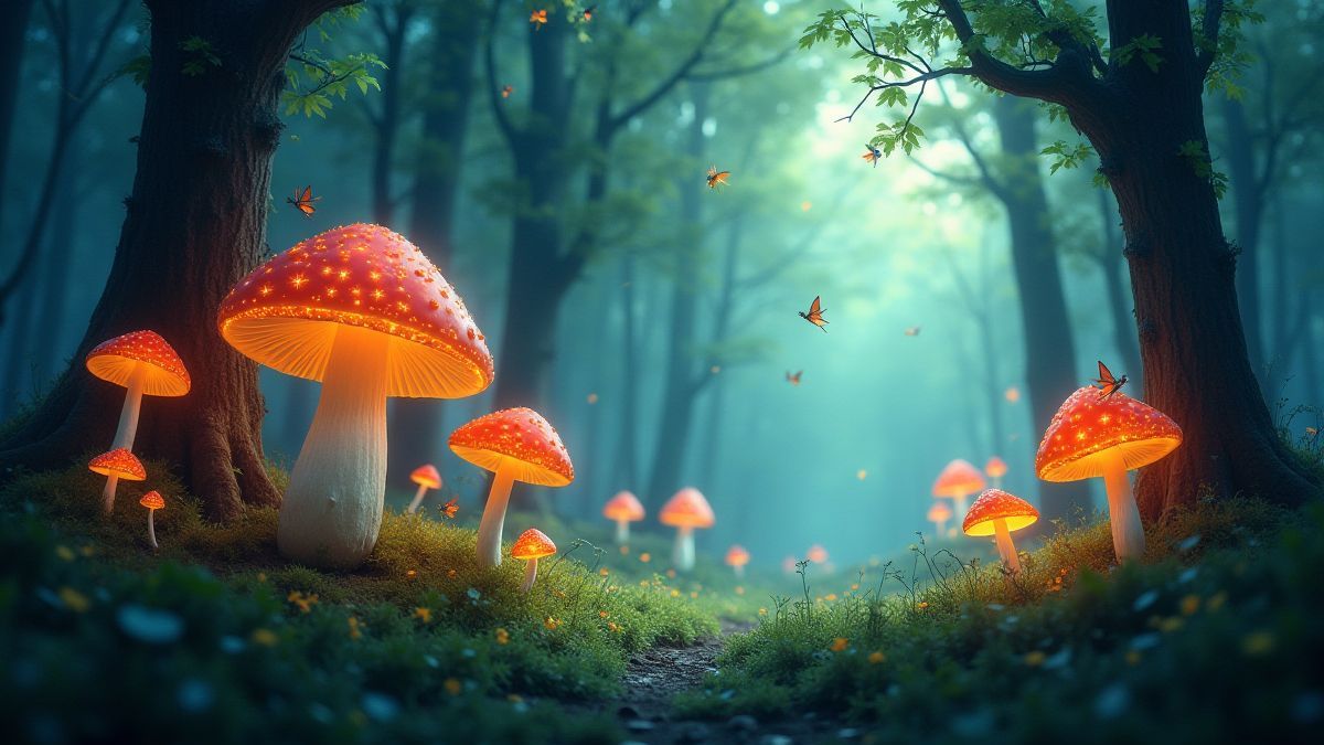 Mystical forest with glowing mushrooms and pixies flying