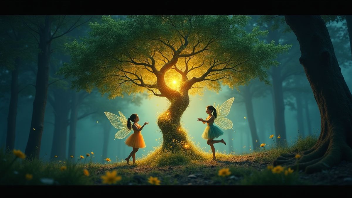 Pixies dancing around a glowing tree