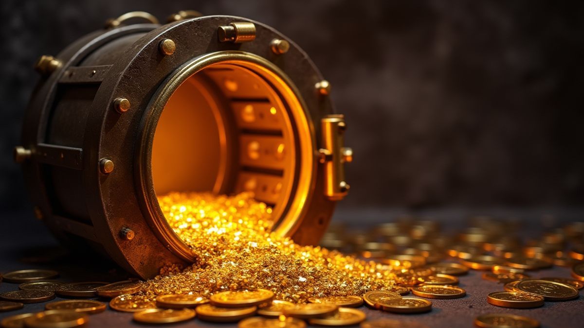Una bóveda del tesoro con luces brillantes y monedas de oro.