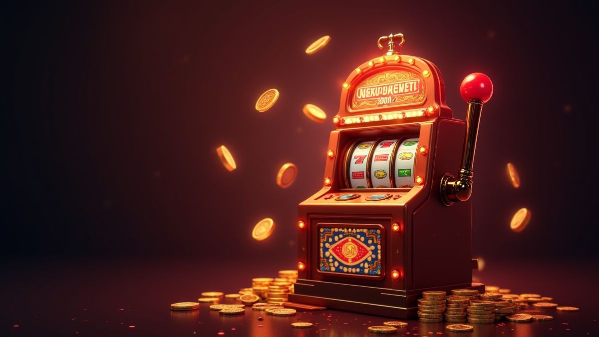 Una máquina de slot girando con luces brillantes y monedas volando.