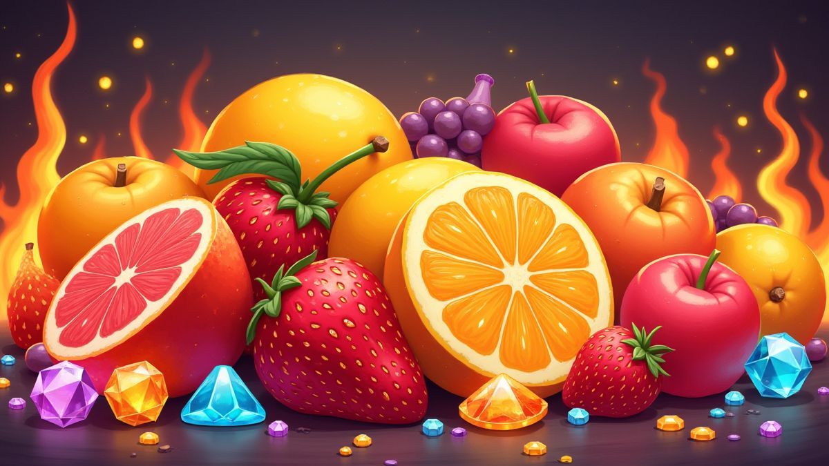 Frutas e gemas brilhando entre llamas.