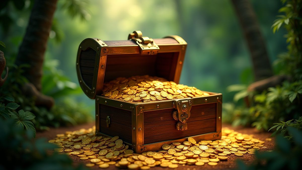 Cofre del tesoro lleno de monedas en la jungla.