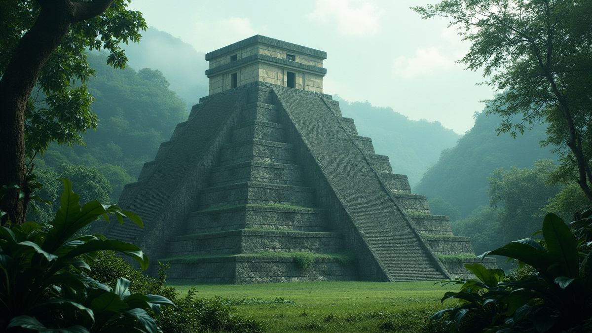 Templo azteca rodeado de vegetación y niebla.