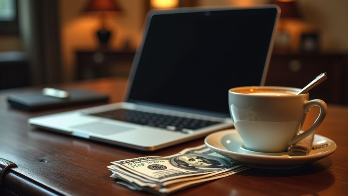 Escritorio elegante con portátil y pilas de dinero.