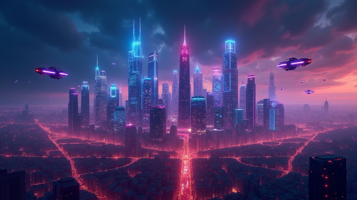 Image d'une ville futuriste avec des voitures volantes et des lumières néon.