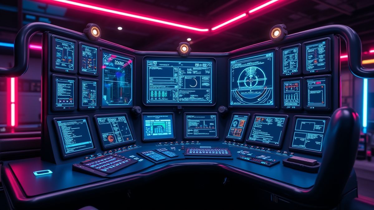 Panneau de contrôle futuriste avec des lumières néon et des écrans numériques.