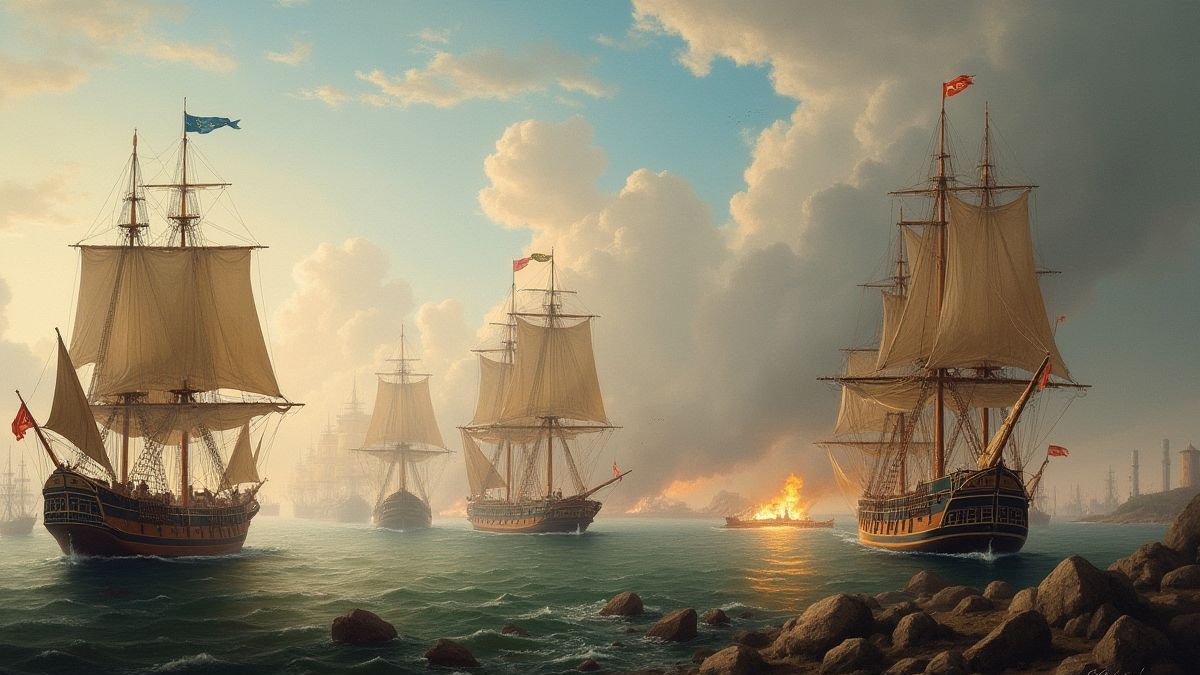 Batalla naval del siglo XVIII con cañones en acción.