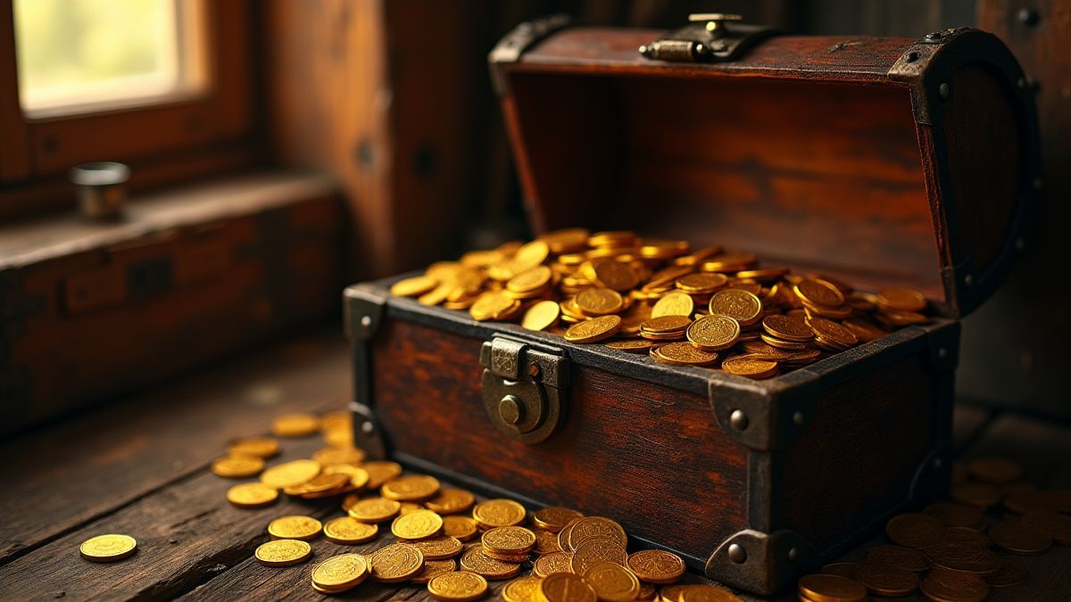 Un cofre del tesoro lleno de monedas de oro.