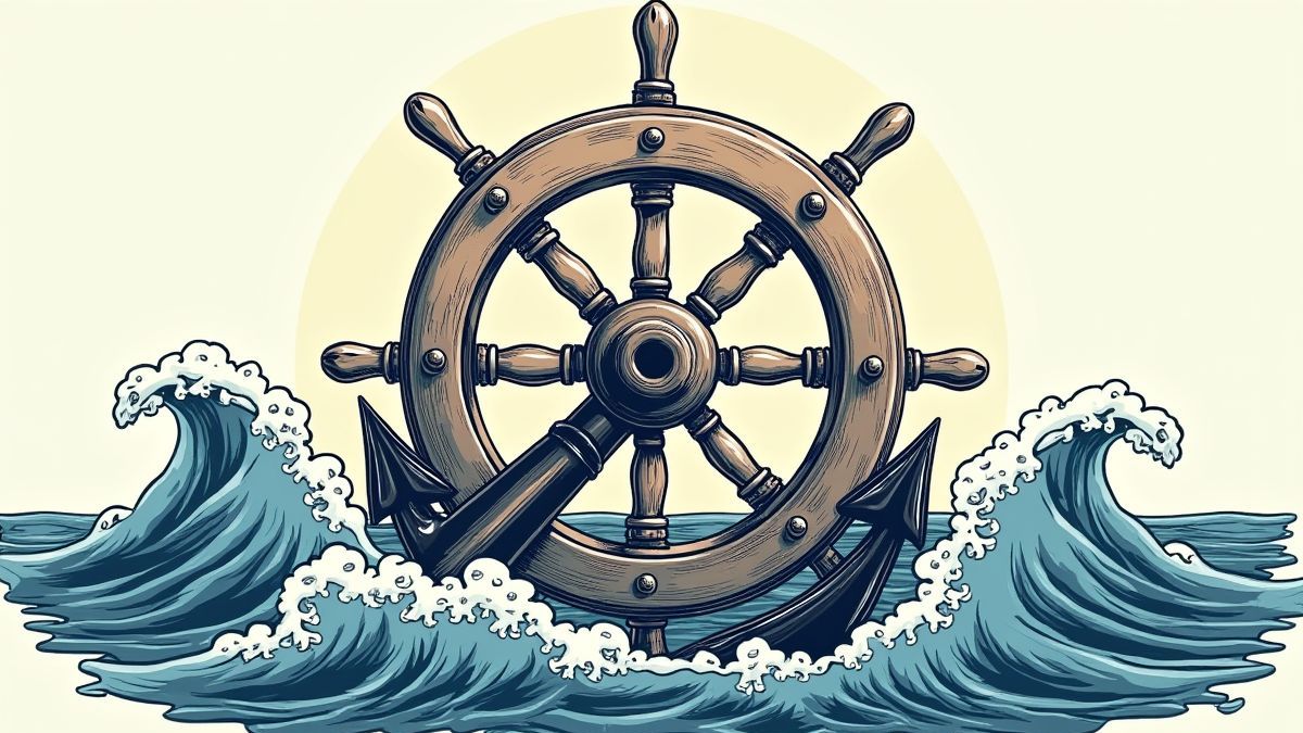 Rueda de barco y ancla con olas marinas en estilo clásico.