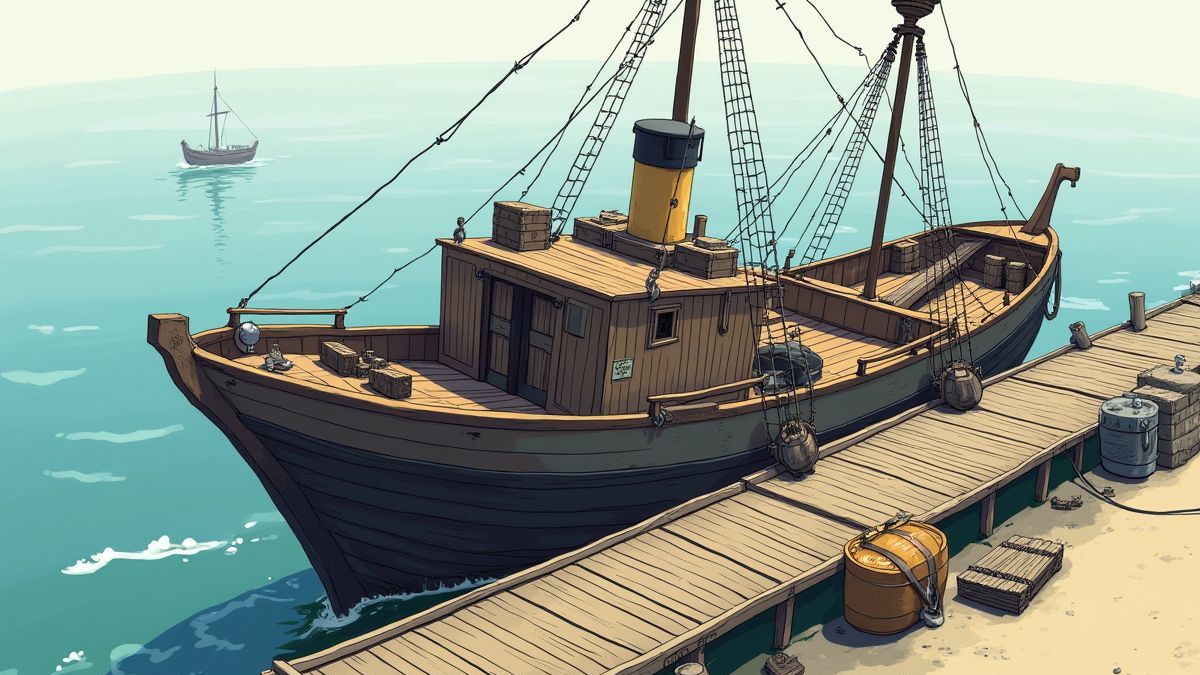 Barco antiguo atracado en un muelle con barriles y cajas.
