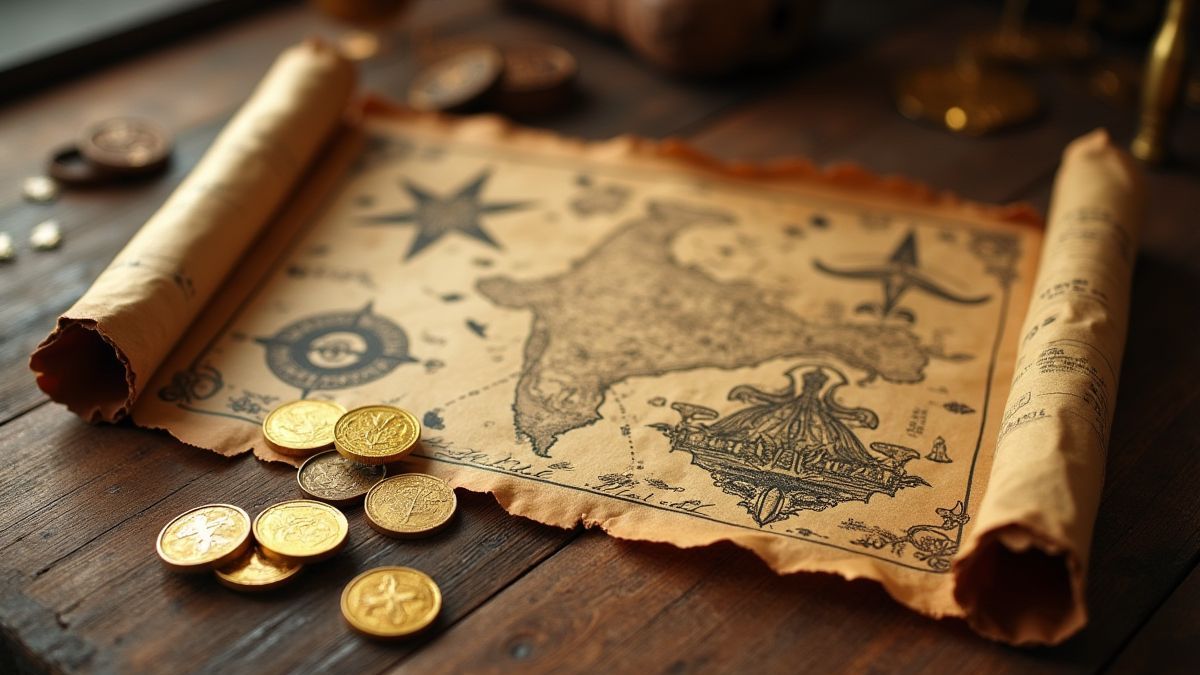 Eine Schatzkarte und Goldmünzen auf einem alten Holztisch.