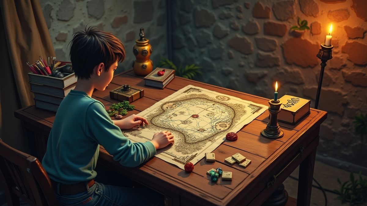 Ein Spieler sitzt mit einer Schatzkarte und seiner Spielkonfiguration.