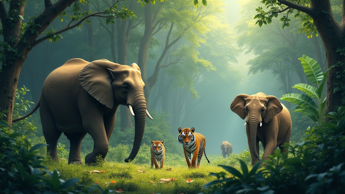 Una selva exuberante con elefantes y otros animales como tigres y monos