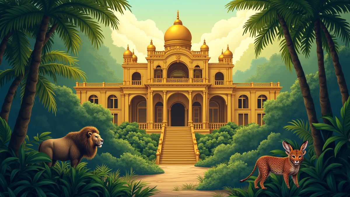 Un palacio dorado en la selva rodeado de animales exóticos