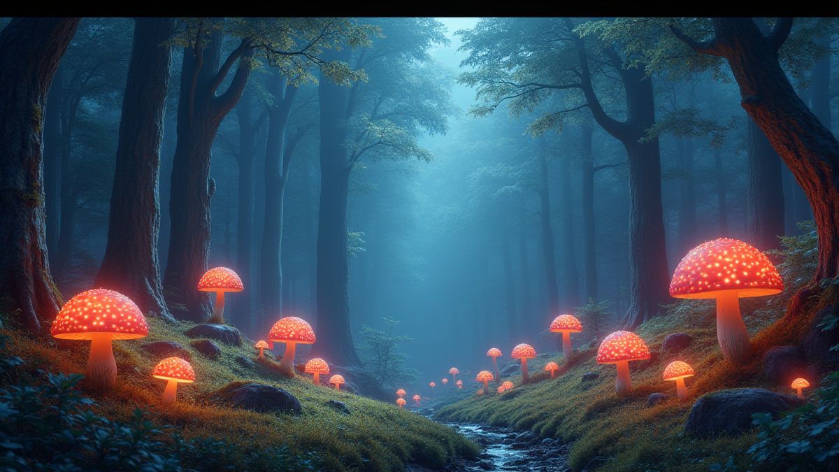 Paisaje de un país de las maravillas con setas brillantes y bosques mágicos.