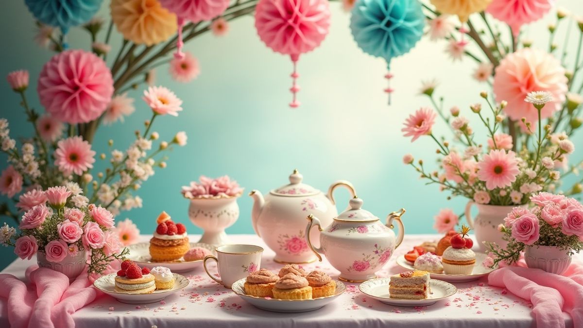 Fiesta de té mágica con decoraciones extravagantes y postres coloridos.