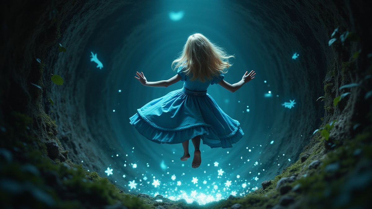 Alicia cayendo en el agujero del conejo con símbolos brillantes alrededor.
